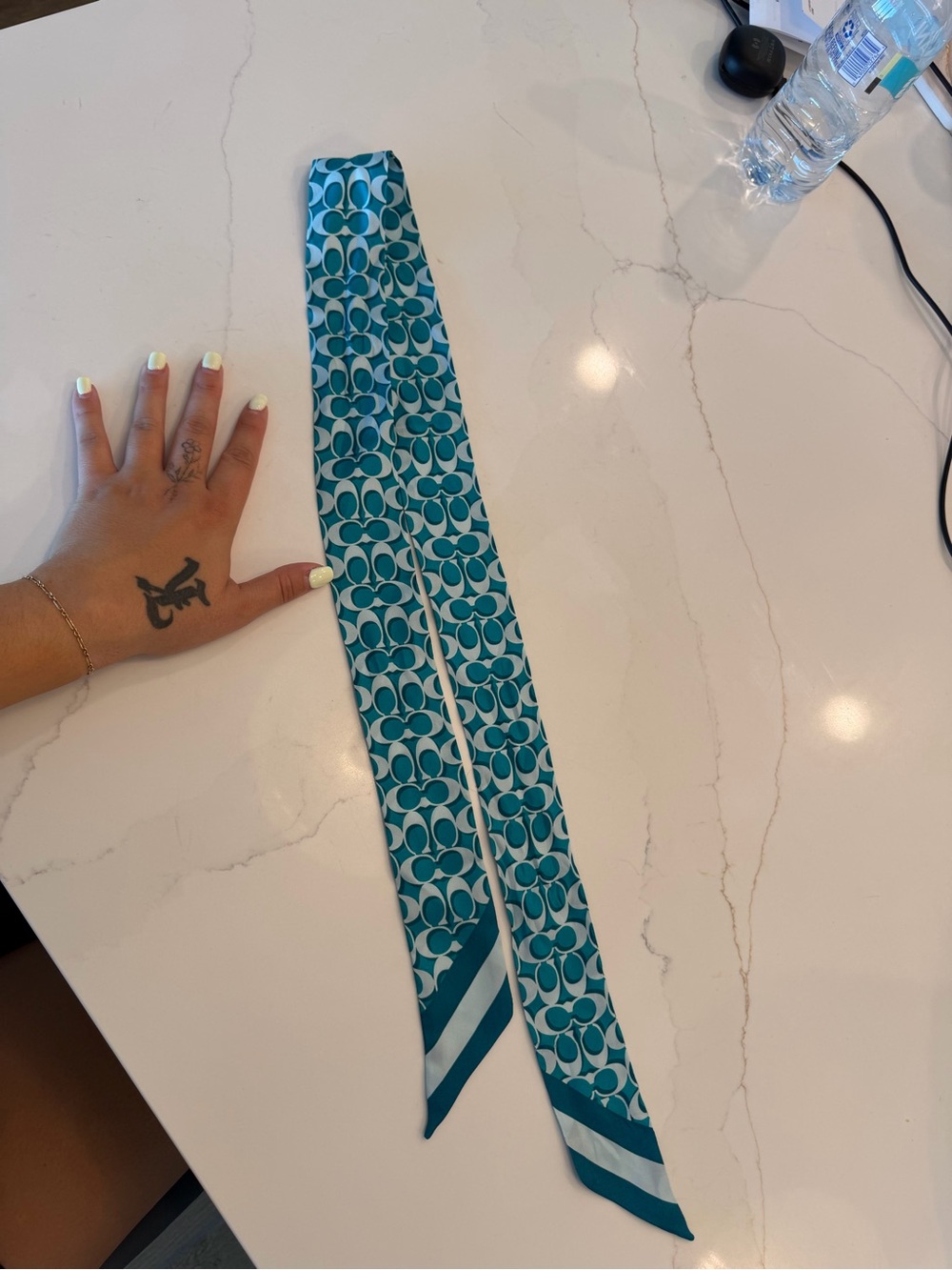 Coach Teal Logo-Print Silk Scarf Ribbon with Stripe Ends - Picture 6 of 6